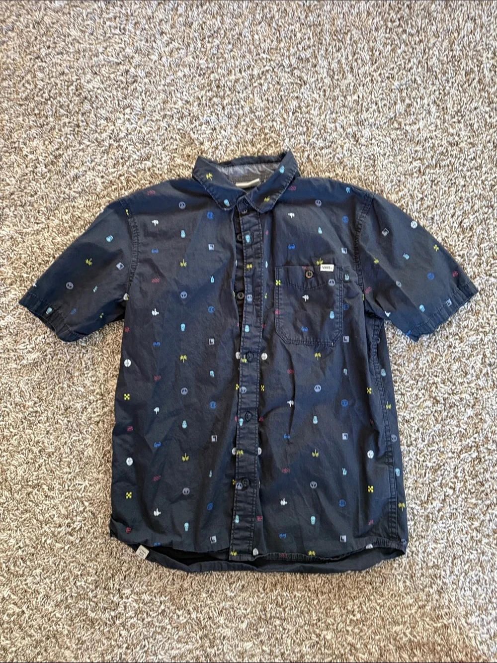 Kids Short Sleeve Button Shirts - Black Mini Print, White Palm, Blue Plaid